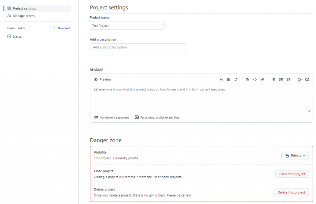 GitHub Project settings